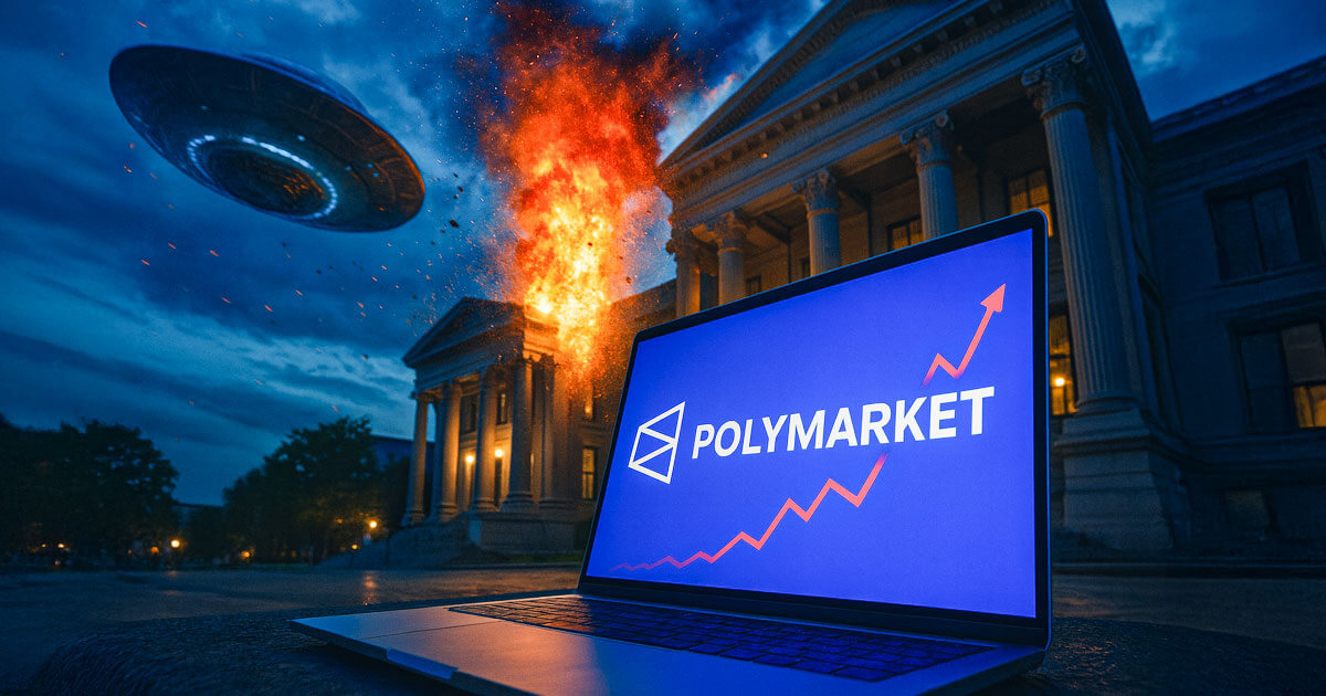 A laptop displaying Polymarket with a surging chart as a UFO hovers over an explosive scene at a classical building, symbolizing the UFO market’s 1,527% overnight spike and debate over oracle-driven manipulation.
