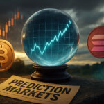 Crystal ball with rising price chart between Bitcoin and Solana coins above a “Prediction Markets” headline, illustrating record November prediction markets as Solana memecoins fade and crypto liquidity rotates.