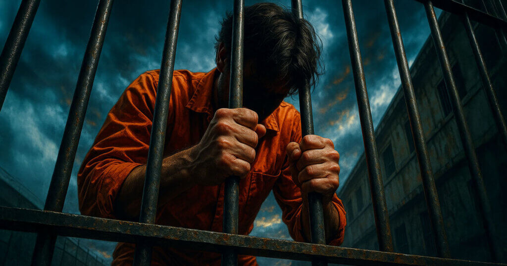 Depressed inmate in an orange jumpsuit gripping prison bars under a stormy sky, symbolizing crypto CEOs sentenced to a combined 83 years in prison since 2024.
