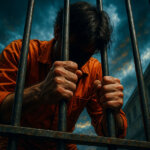 Depressed inmate in an orange jumpsuit gripping prison bars under a stormy sky, symbolizing crypto CEOs sentenced to a combined 83 years in prison since 2024.
