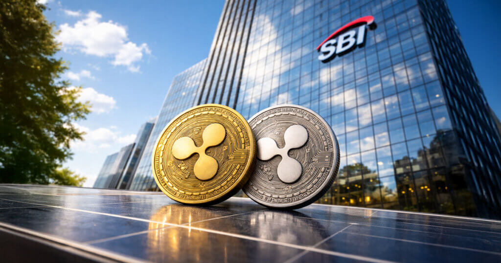 Gold and silver XRP coins on a solar panel outside SBI’s glass tower, symbolizing Ripple-SBI push for new DeFi yield streams.