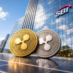 Gold and silver XRP coins on a solar panel outside SBI’s glass tower, symbolizing Ripple-SBI push for new DeFi yield streams.