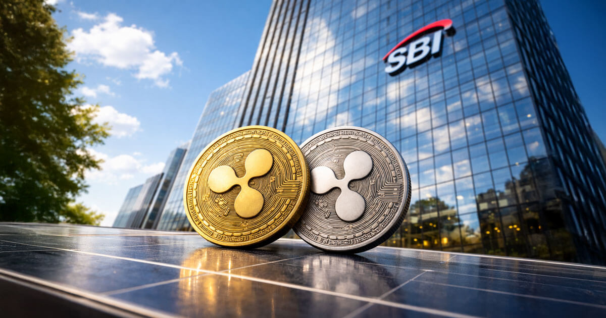 Gold and silver XRP coins on a solar panel outside SBI’s glass tower, symbolizing Ripple-SBI push for new DeFi yield streams.