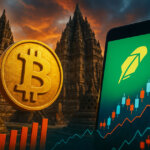 Golden Bitcoin coin and Robinhood trading app with rising candlestick chart in front of Indonesian temple at sunset, symbolizing Indonesia’s 19M investors and 17M crypto traders as the real growth test for Robinhood.