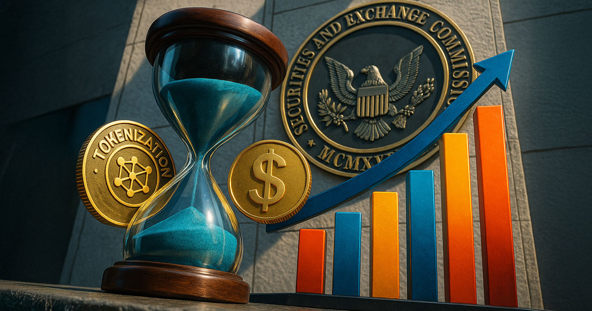 Hourglass with “tokenization” and dollar coins beside a rising stock chart in front of the SEC building, symbolizing how a new SEC approval is ending the traditional 3-day wait to settle stock trades through faster, tokenized markets.