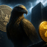 A dramatic scene showing an eagle symbolizing the SEC looming over Zcash as storm clouds gather, highlighting the high-stakes meeting that could determine personal liability for privacy-protocol developers.