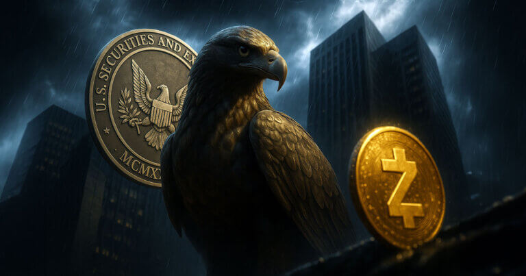 A dramatic scene showing an eagle symbolizing the SEC looming over Zcash as storm clouds gather, highlighting the high-stakes meeting that could determine personal liability for privacy-protocol developers.