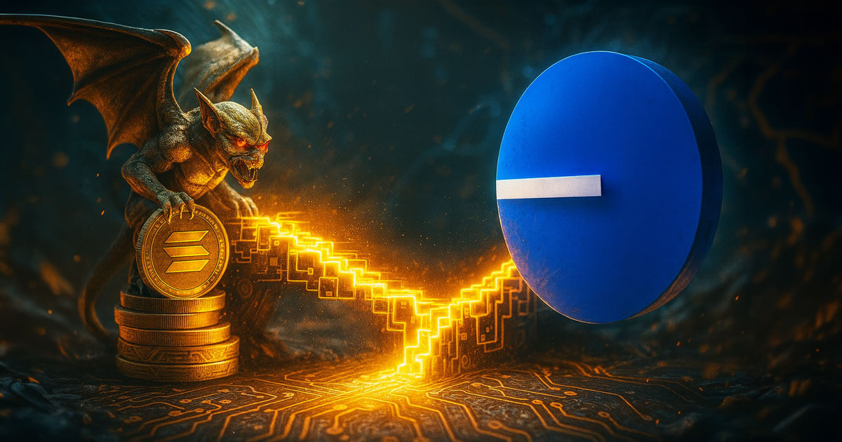 A dramatic scene showing a Solana-branded gargoyle guarding SOL coins while a glowing blockchain bridge connects to Coinbase’s Base logo, illustrating the debate over whether Base’s new Solana bridge is a ‘vampire attack’ on SOL liquidity or a move toward multichain pragmatism.