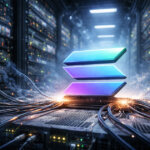 Solana’s logo coin sits on active server hardware inside a dense data center, illustrating the network’s ability to withstand a massive 6 Tbps attack without downtime.