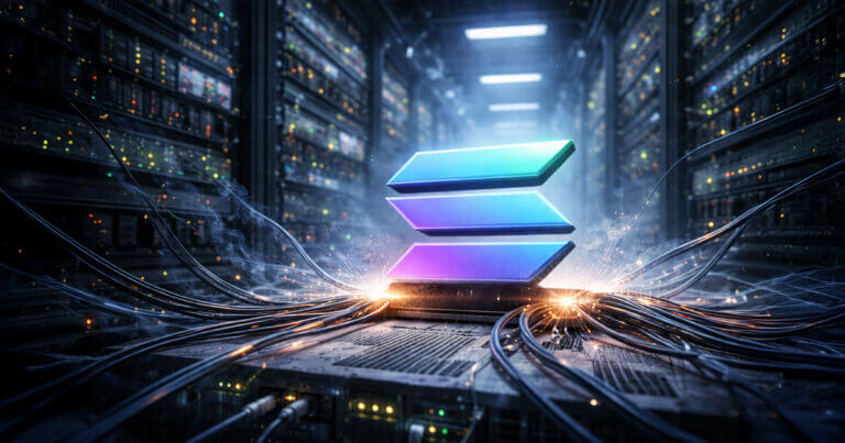 Solana’s logo coin sits on active server hardware inside a dense data center, illustrating the network’s ability to withstand a massive 6 Tbps attack without downtime.