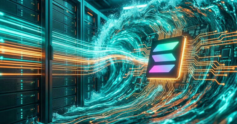 Glowing data streams crash like a wave between data center servers and a Solana logo microchip, illustrating the Solana blockchain suffering its 4th largest ever DDoS attack and extreme network congestion.
