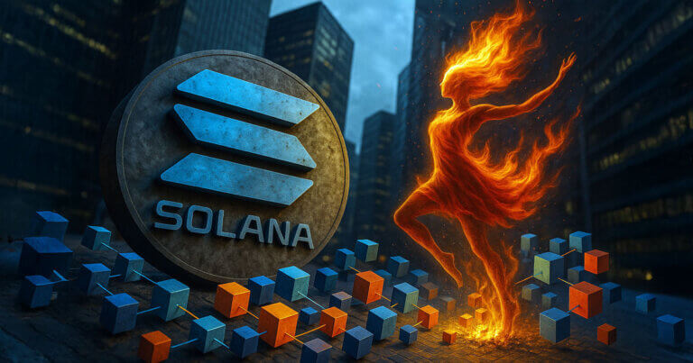Solana logo with fiery dancer symbolizing decentralization, performance, and the shift away from client monoculture in blockchain adoption.