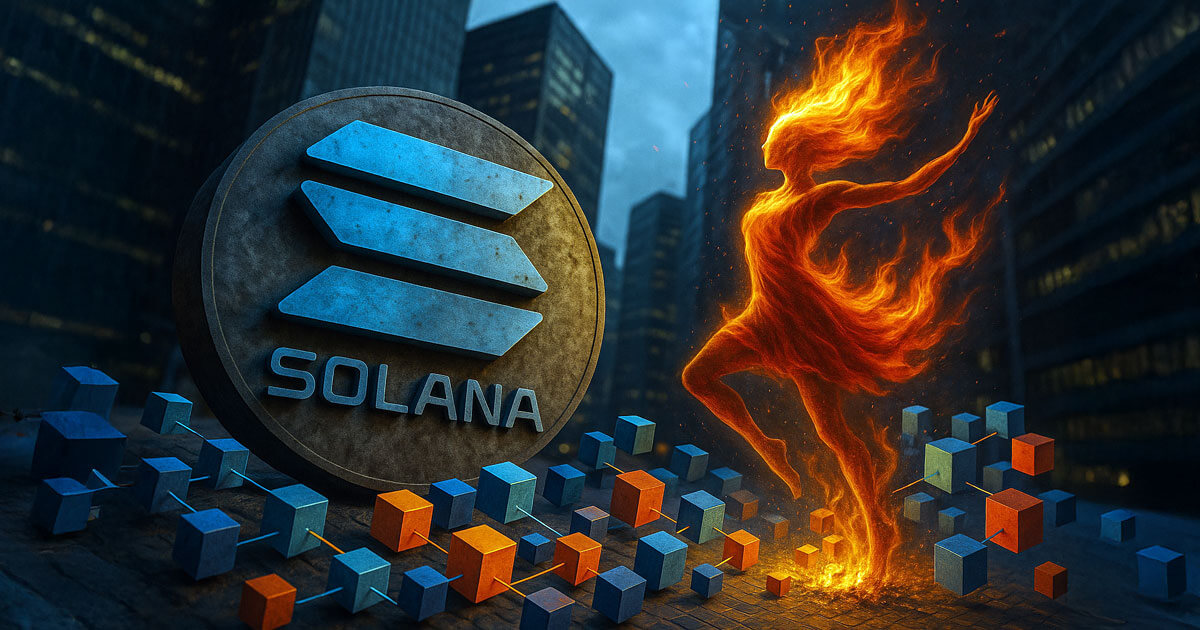 Solana logo with fiery dancer symbolizing decentralization, performance, and the shift away from client monoculture in blockchain adoption.