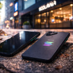 A pair of Solana Saga phones lying on a wet city sidewalk outside a Solana-branded store, reflecting concerns over the project’s decision to end support for its flagship device.