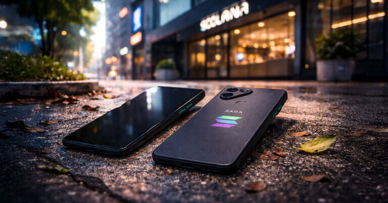 A pair of Solana Saga phones lying on a wet city sidewalk outside a Solana-branded store, reflecting concerns over the project’s decision to end support for its flagship device.
