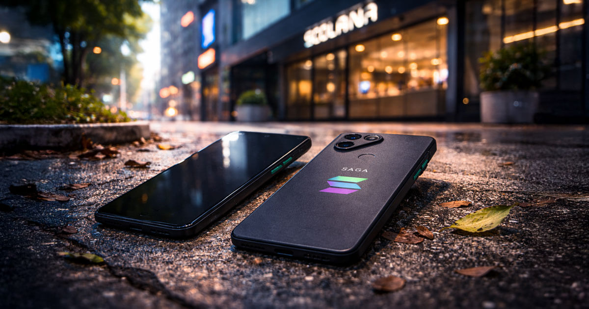 A pair of Solana Saga phones lying on a wet city sidewalk outside a Solana-branded store, reflecting concerns over the project’s decision to end support for its flagship device.