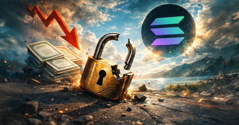 A broken padlock beside stacked share certificates and a red downward arrow under the Solana logo, symbolizing a new loophole in share ownership and a fix already live on Solana.