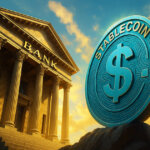 A giant digital stablecoin symbol stands beside a traditional bank building at sunset, illustrating how stablecoins are evolving from bank disruptors into institutions resembling banks.