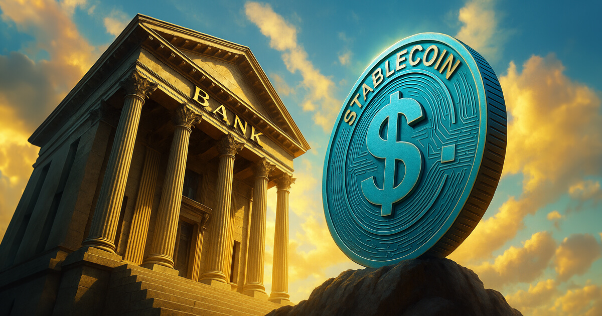 A giant digital stablecoin symbol stands beside a traditional bank building at sunset, illustrating how stablecoins are evolving from bank disruptors into institutions resembling banks.