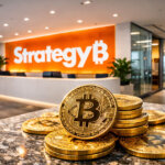 Stacks of Bitcoin coins sit on a counter inside Strategy’s office as the company’s branding glows in the background, reflecting its 2025 accumulation despite a sharp stock decline.