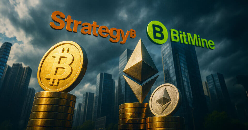 Bitcoin and Ethereum symbols stacked with “Strategy” and “BitMine” logos over a city skyline, illustrating the largest crypto DATs continuing to buy BTC and ETH.