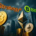 Bitcoin and Ethereum symbols stacked with “Strategy” and “BitMine” logos over a city skyline, illustrating the largest crypto DATs continuing to buy BTC and ETH.