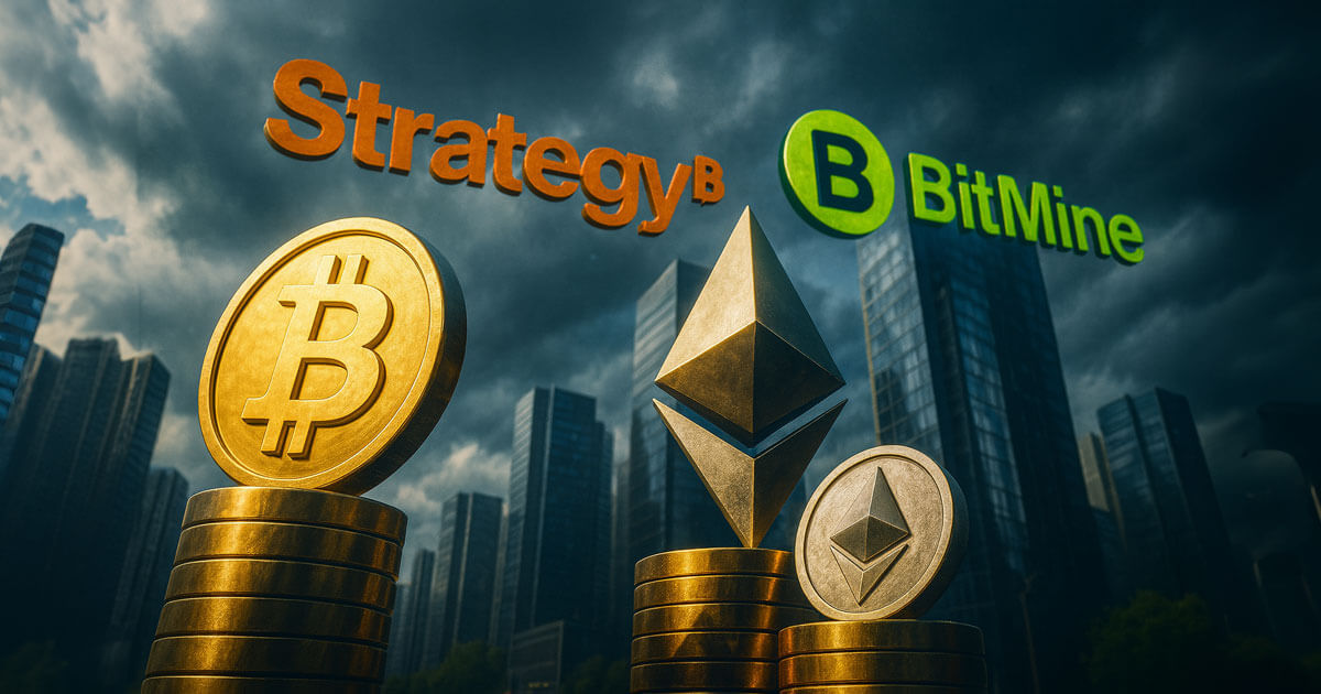 Bitcoin and Ethereum symbols stacked with “Strategy” and “BitMine” logos over a city skyline, illustrating the largest crypto DATs continuing to buy BTC and ETH.