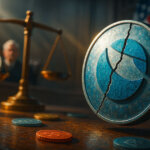 Cracked Terra (LUNA) coin hovering in a courtroom beside scales of justice, symbolizing Do Kwon’s trial verdict and the harsh truth test facing algorithmic tokens and crypto projects under regulatory scrutiny.