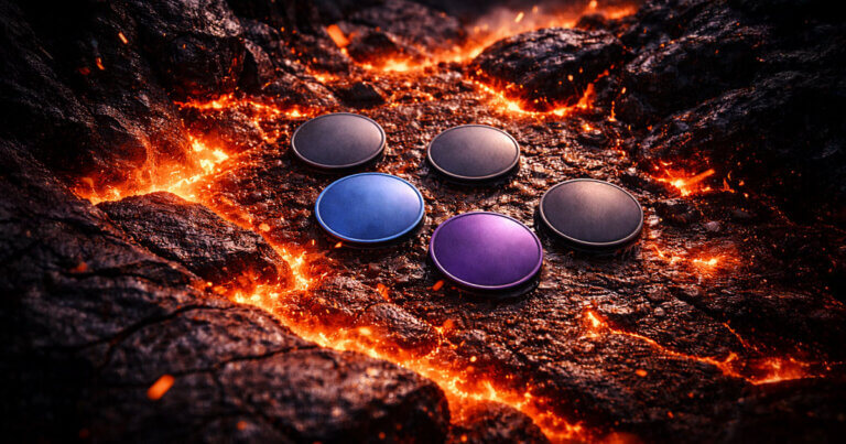 Five newly launched crypto tokens rest on cracking lava rock as molten flows surround them, illustrating how most 2024 token debuts have fallen below their opening valuations.