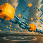 Glowing blockchain cubes linked by chains above a rooftop helipad at sunset, symbolizing the SEC chair’s vision to move the $68 trillion US equity market on-chain.