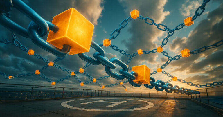 Glowing blockchain cubes linked by chains above a rooftop helipad at sunset, symbolizing the SEC chair’s vision to move the $68 trillion US equity market on-chain.