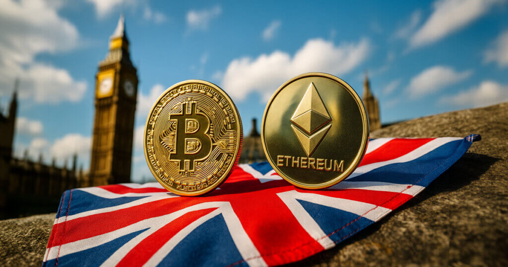 A gold Bitcoin coin and a gold Ethereum coin displayed on a Union Jack flag in front of Big Ben, illustrating the UK’s new legal recognition of crypto as a third type of property and its impact on BTC and ETH holders.