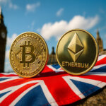 A gold Bitcoin coin and a gold Ethereum coin displayed on a Union Jack flag in front of Big Ben, illustrating the UK’s new legal recognition of crypto as a third type of property and its impact on BTC and ETH holders.