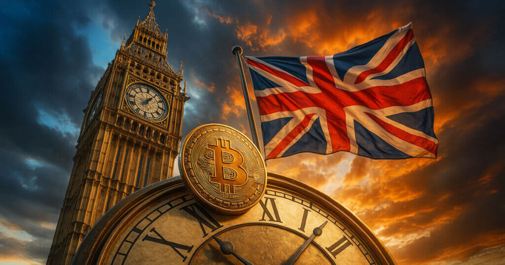 Bitcoin coin in front of Big Ben and a waving UK flag at sunset, symbolizing the United Kingdom setting a 2027 timeline to bring cryptoassets like Bitcoin under FCA financial regulation and tighter oversight.