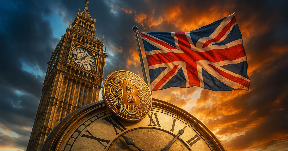 Bitcoin coin in front of Big Ben and a waving UK flag at sunset, symbolizing the United Kingdom setting a 2027 timeline to bring cryptoassets like Bitcoin under FCA financial regulation and tighter oversight.