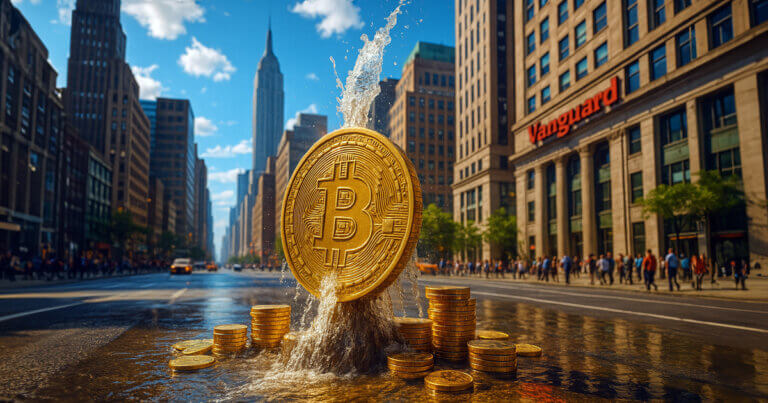 A giant golden Bitcoin coin erupts like a fountain in the middle of a busy New York City street near the Vanguard building, symbolizing how Vanguard’s new crypto ETF access could unlock major growth and capital inflows across the digital asset sector.