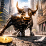 A Bitcoin coin on Wall Street beneath the Charging Bull statue symbolizes how institutions dominated crypto trading in 2025 as retail activity sharply declined.