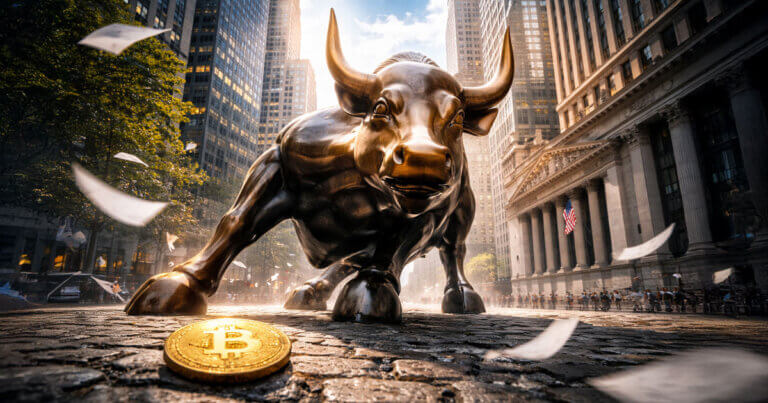 A Bitcoin coin on Wall Street beneath the Charging Bull statue symbolizes how institutions dominated crypto trading in 2025 as retail activity sharply declined.