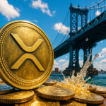 Large golden XRP coin stacked by the water under a suspension bridge with a dramatic splash, symbolizing XRP wrappers injecting $1.5 billion liquidity while adding hidden cross-chain bridge risk.