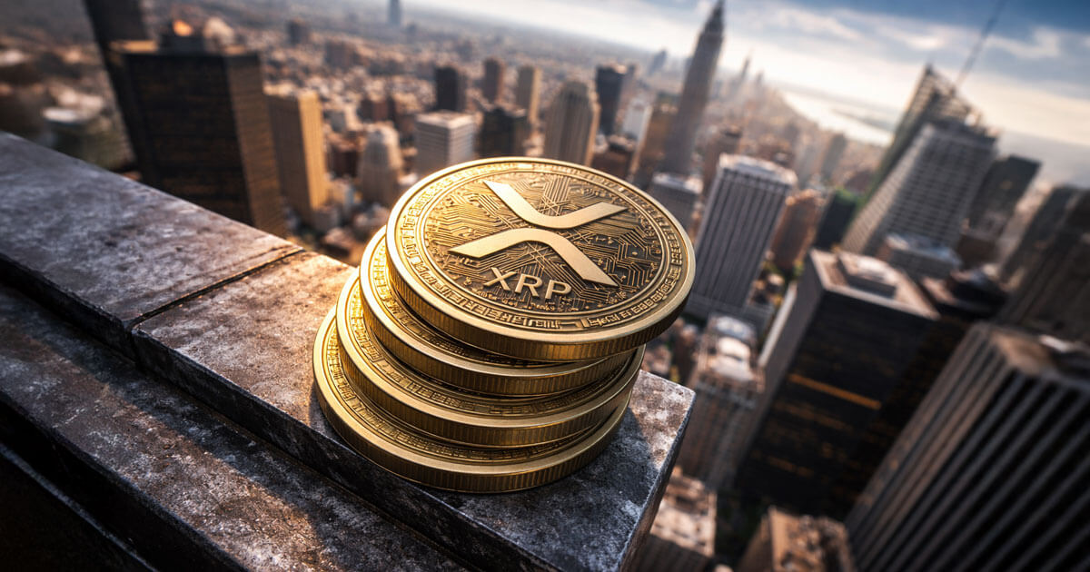 A stack of XRP coins perched above a sprawling city skyline, symbolizing how Ripple’s underlying infrastructure will determine real adoption beyond ETF-driven headlines.