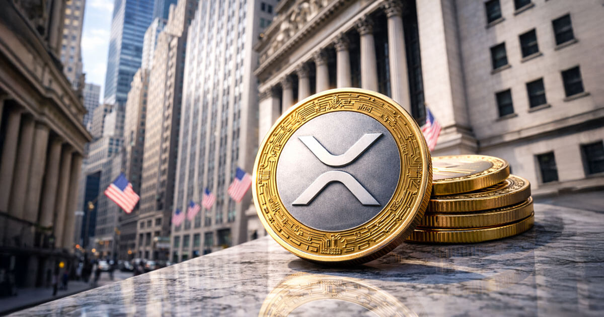 A large XRP coin stands on Wall Street with stacked tokens behind it, reflecting growing institutional interest as XRP spot ETFs surpass $1B in assets.