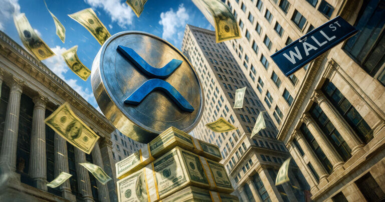 A giant metallic XRP coin stands on a towering stack of dollar bills on Wall Street as cash rains down, illustrating massive capital inflows as the XRP ETF nears $1 billion in assets.