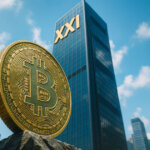 A large Bitcoin coin in the foreground with an “XXI” skyscraper behind it under a bright city skyline, illustrating XXI’s plan to go public with a $4B Bitcoin treasury.