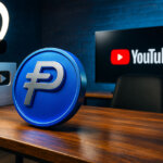 PYUSD stablecoin coin on a creator’s desk in front of a camera, microphone, studio light, and YouTube logo on a monitor, illustrating how crypto payouts let YouTube creators earn in PayPal USD and move their income beyond traditional banks.