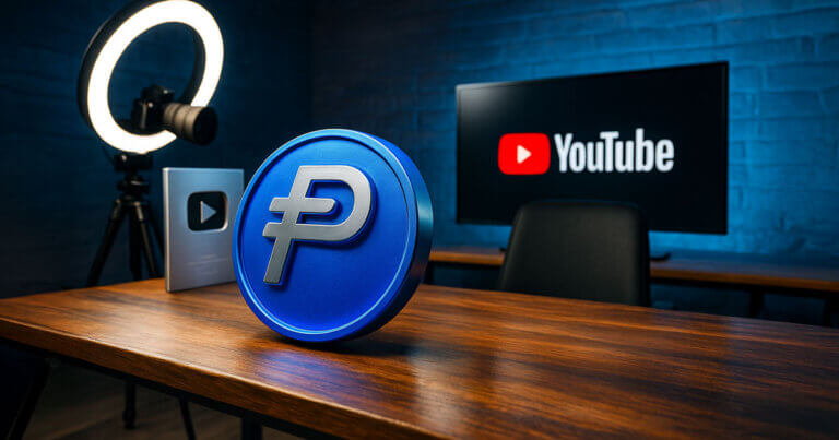 PYUSD stablecoin coin on a creator’s desk in front of a camera, microphone, studio light, and YouTube logo on a monitor, illustrating how crypto payouts let YouTube creators earn in PayPal USD and move their income beyond traditional banks.