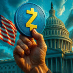 A hand holds up a Zcash coin in front of the US Capitol and American flag, illustrating reports that the US government is holding ZEC.