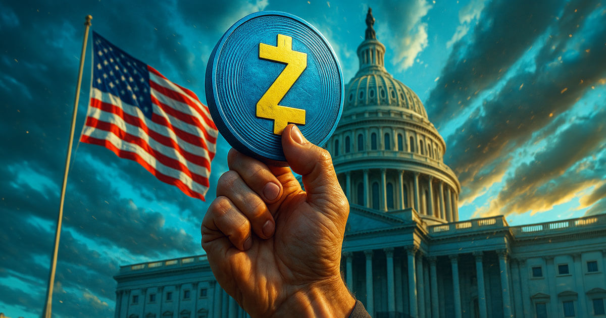 A hand holds up a Zcash coin in front of the US Capitol and American flag, illustrating reports that the US government is holding ZEC.