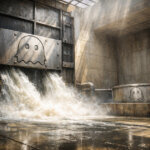 An industrial vault releases a surge of water past an Aave ghost emblem into a small basin, illustrating DeFi lending scale versus a limited $460M safety backstop gap