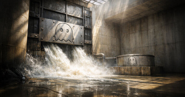 An industrial vault releases a surge of water past an Aave ghost emblem into a small basin, illustrating DeFi lending scale versus a limited $460M safety backstop gap
