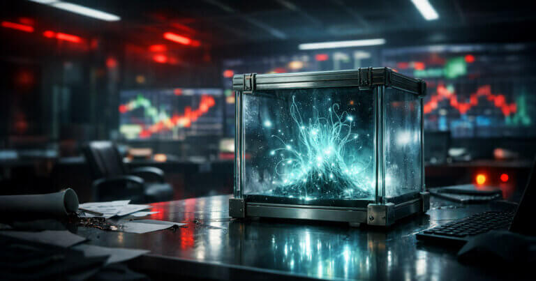 Glowing alien organism contained in a lab vault as trading screens flash red behind it, capturing the moment extraterrestrial discovery sparks market panic and financial chaos